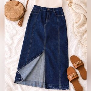 💙 Rachel Zoe Long Denim Midi Skirt – Raw Hem Fringe, Front Slit – Dark Wash Sz.4